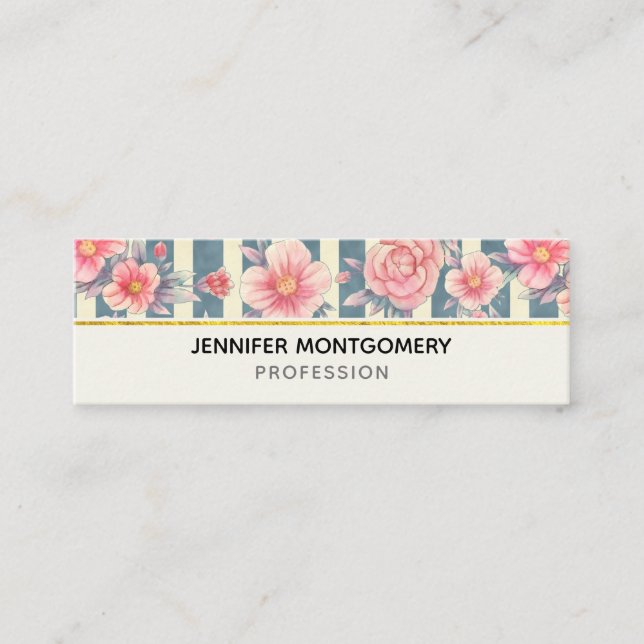 Pink Watercolor Flowers on Stripes Mini Business Card (Front)