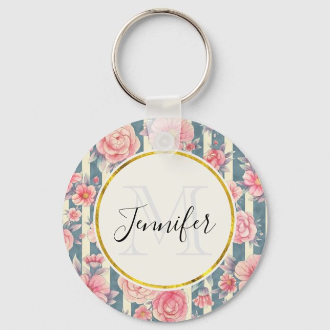 Pink Watercolor Flowers on Stripes Monogram Key Ring (Front)