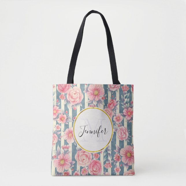 Pink Watercolor Flowers on Stripes Monogram Tote Bag (Front)