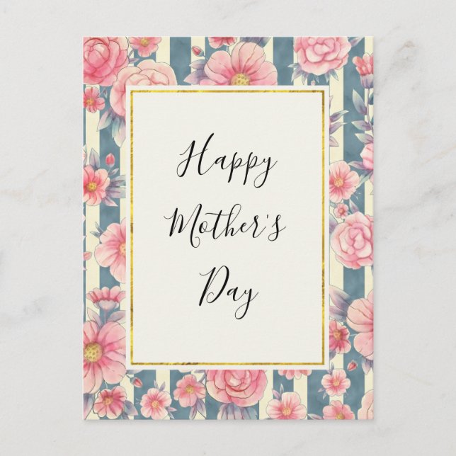 Pink Watercolor Flowers on Stripes Mother's Day Holiday Postcard (Front)