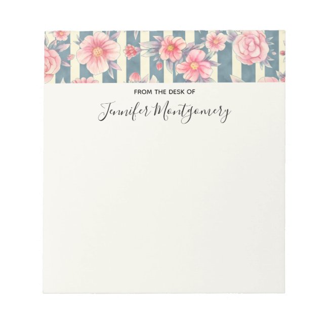 Pink Watercolor Flowers on Stripes Notepad (Front)