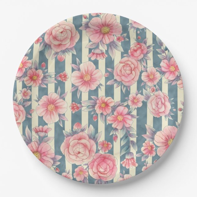 Pink Watercolor Flowers on Stripes Paper Plate (Front)