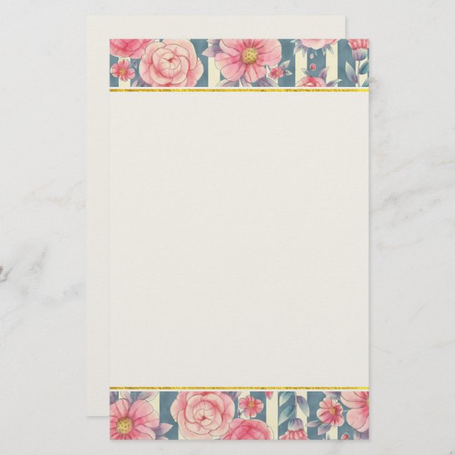Pink Watercolor Flowers on Stripes Stationery (Front/Back)