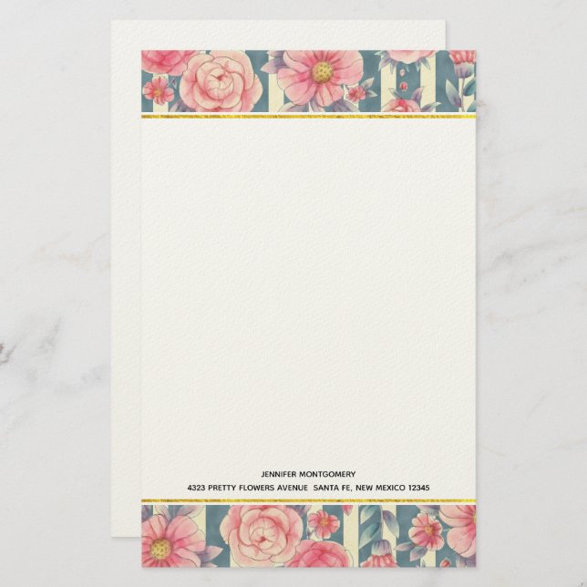 Pink Watercolor Flowers on Stripes Stationery (Front/Back)