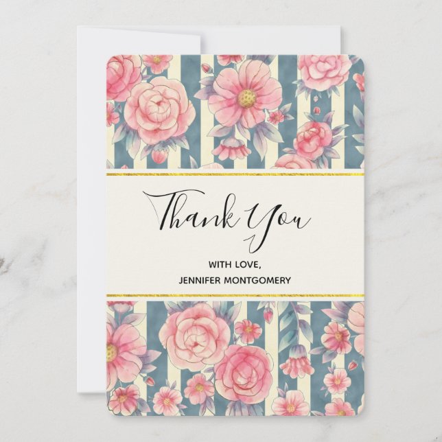 Pink Watercolor Flowers on Stripes Thank You Card (Front)