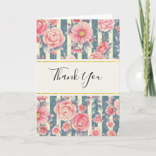 Pink Watercolor Flowers on Stripes Thank You Card