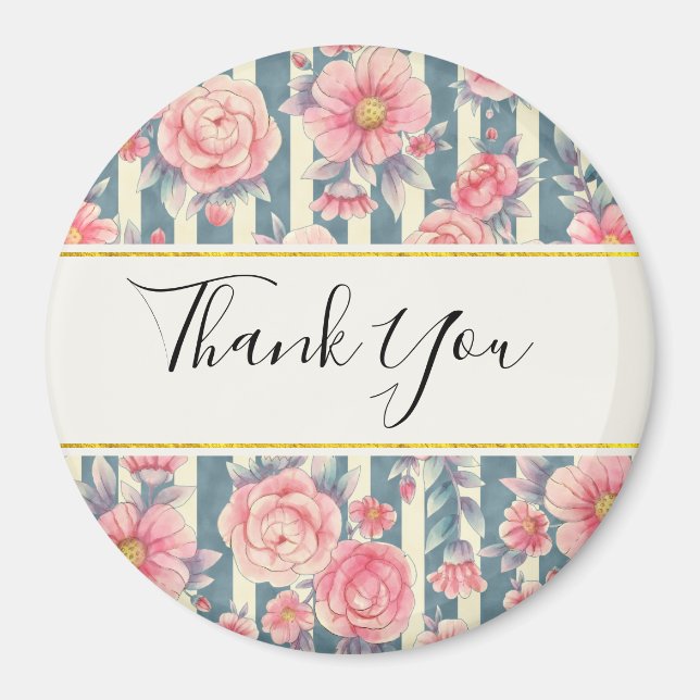 Pink Watercolor Flowers on Stripes Thank You Magnet (Front)