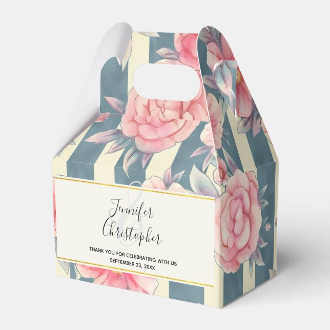 Pink Watercolor Flowers on Stripes Wedding Favour Box (Front Side)