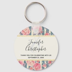 Pink Watercolor Flowers on Stripes Wedding Keychai Key Ring