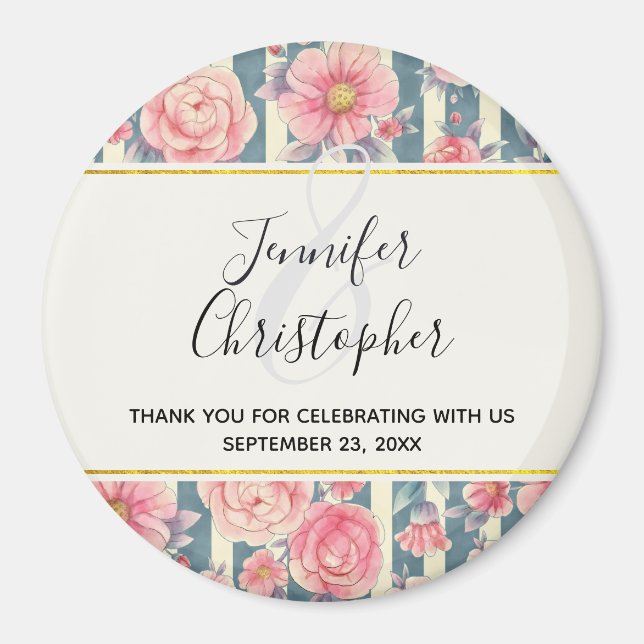 Pink Watercolor Flowers on Stripes Wedding Magnet (Front)