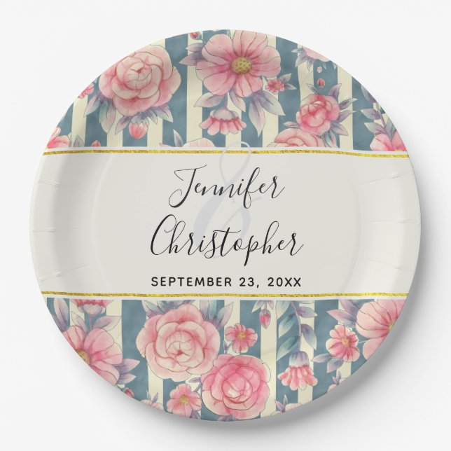 Pink Watercolor Flowers on Stripes Wedding Paper P Plate (Front)