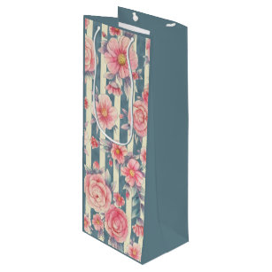  Pink Watercolor Flowers on Stripes Wine Gift Bag