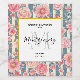 Pink Watercolor Flowers on Stripes Wine Making Wine Label