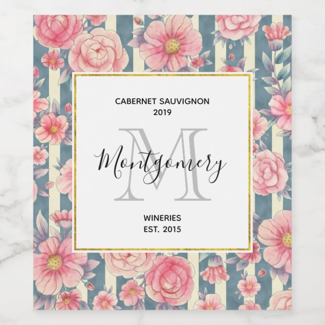 Pink Watercolor Flowers on Stripes Wine Making Wine Label (Single Label)
