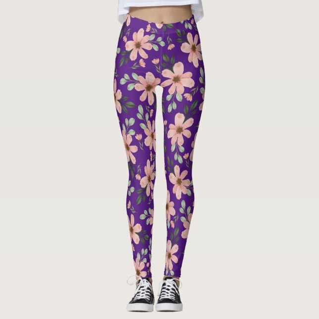 pink watercolor flowers pattern leggings (Front)