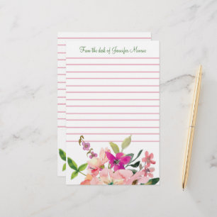 Pink watercolor flowers personalised lined stationery