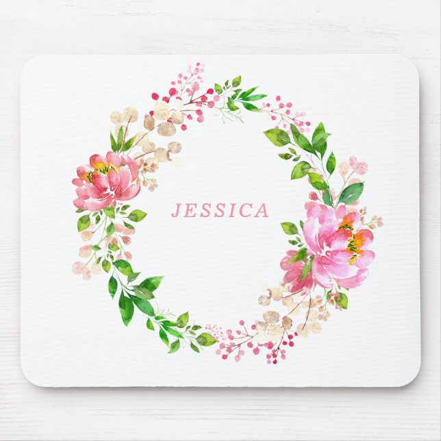 Pink Watercolor Flowers Personalised Mouse Pad (Front)