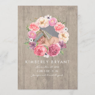 Pink Watercolor Flowers Photo Baby Girl Birth Announcement