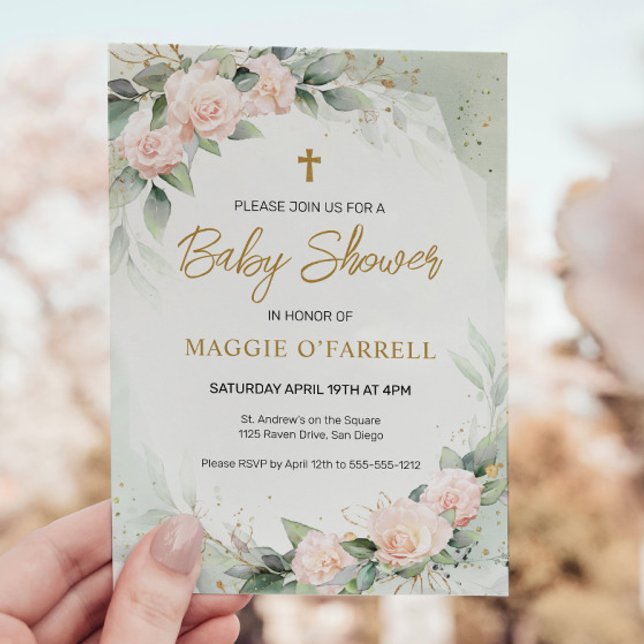 Pink Watercolor Flowers Religious Baby Shower Invitation (Creator Uploaded)