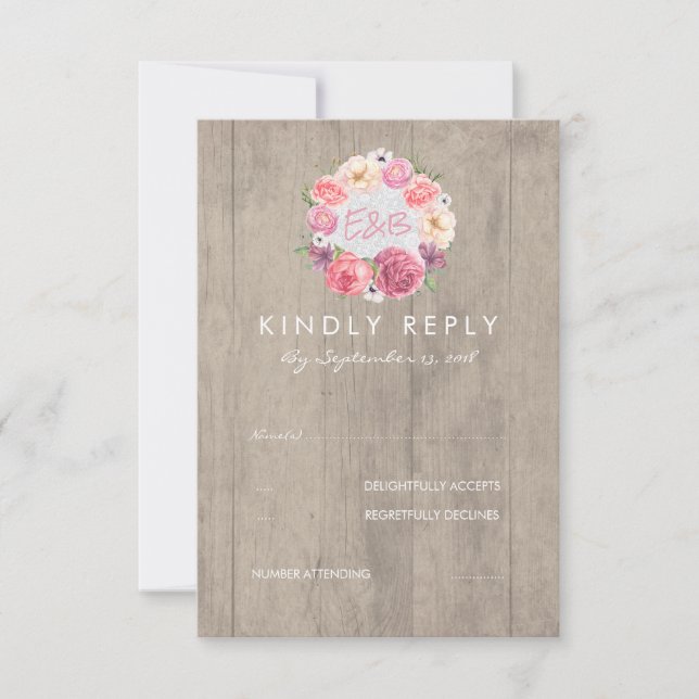 Pink Watercolor Flowers Rustic Wood Wedding RSVP (Front)
