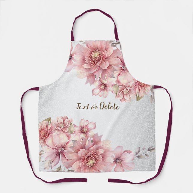 Pink Watercolor Flowers Shiny Glitter Modern Apron (Front)