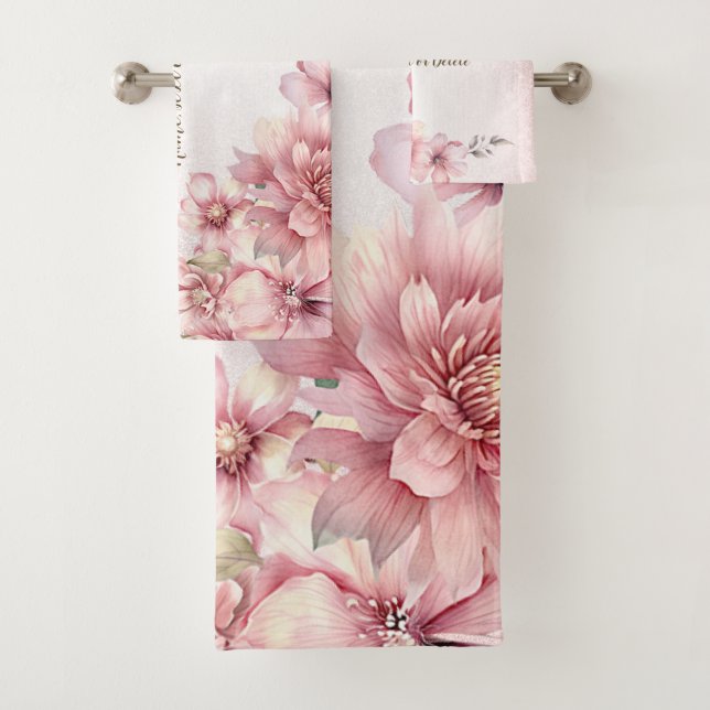 Pink Watercolor Flowers Shiny Glitter Modern Bath Towel Set (Insitu)