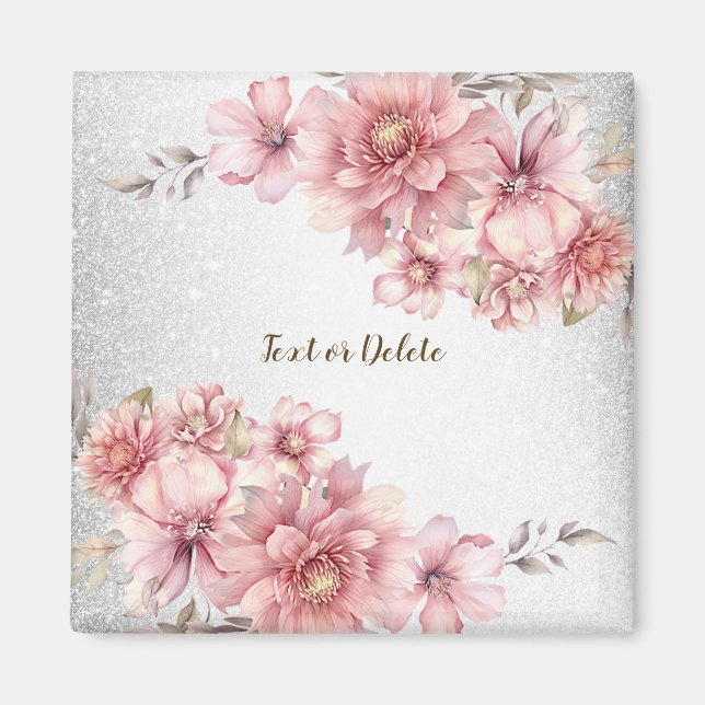 Pink Watercolor Flowers Shiny Glitter Modern Magnet (Front)