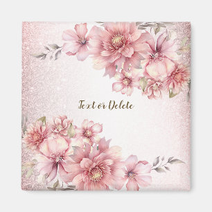 Pink Watercolor Flowers Shiny Glitter Modern Magnet