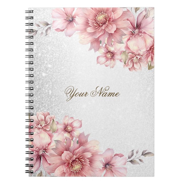 Pink Watercolor Flowers Shiny Glitter Modern Notebook (Front)
