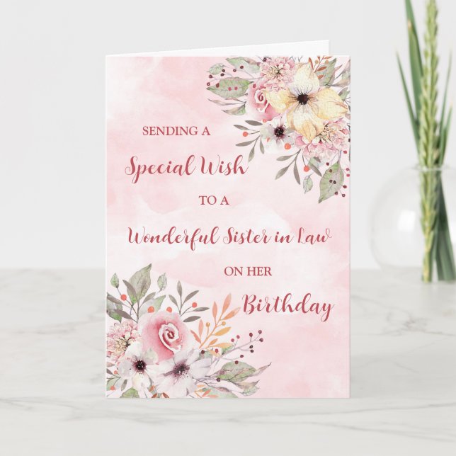Pink Watercolor Flowers Sister in Law Birthday Card (Front)