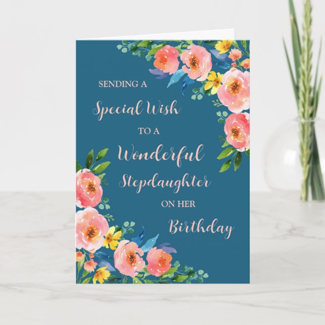 Pink Watercolor Flowers Stepdaughter Birthday Card (Front)