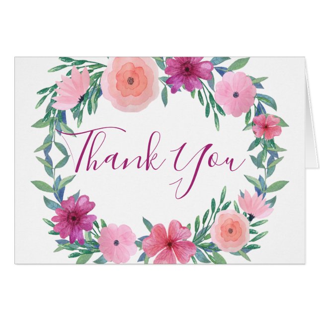 Pink Watercolor Flowers Thank You Card (Front Horizontal)