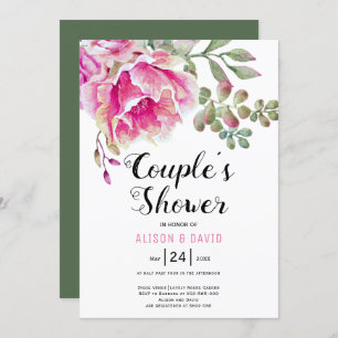 Pink watercolor flowers wedding couples shower invitation