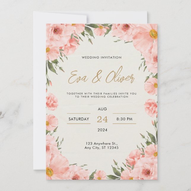 Pink Watercolor Flowers Wedding Invitation (Front)