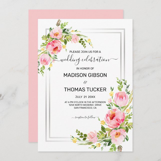 Pink Watercolor Flowers Wedding Invitation (Front/Back)