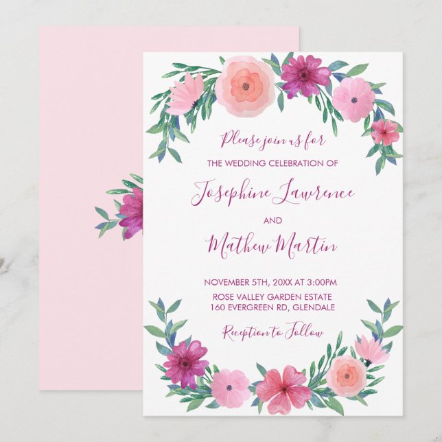 Pink Watercolor Flowers Wedding Invitations (Front/Back)