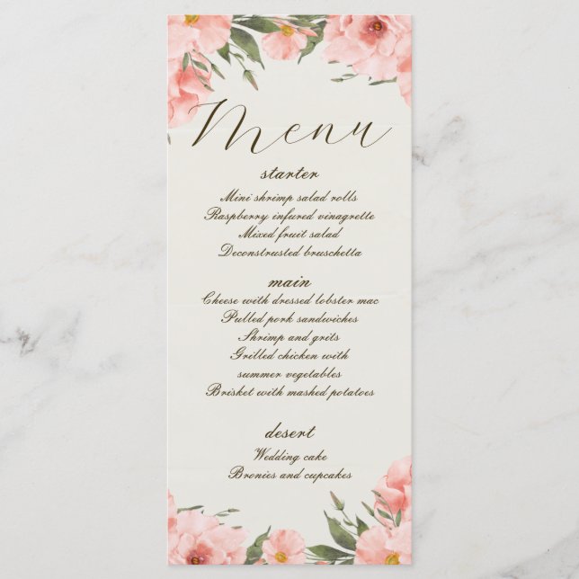 Pink Watercolor Flowers Wedding Menu (Front)