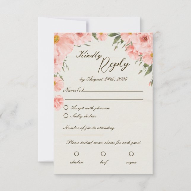 Pink Watercolor Flowers Wedding RSVP Card (Front)