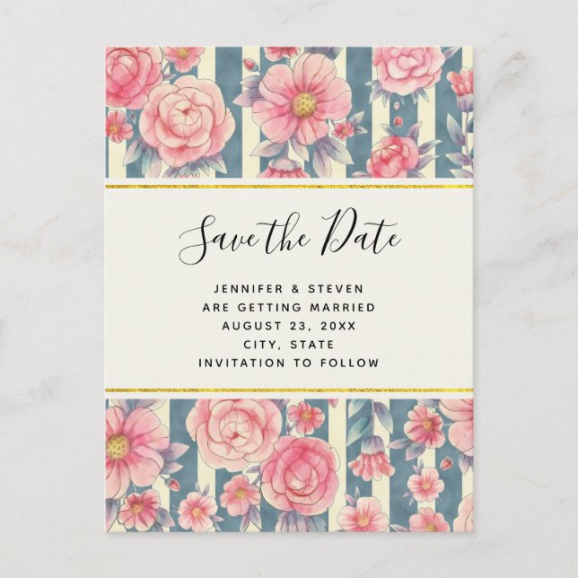 Pink Watercolor Flowers Wedding Save the Date  Invitation Postcard (Front)