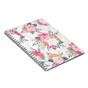 Pink Watercolor Flowers White Design Notebook