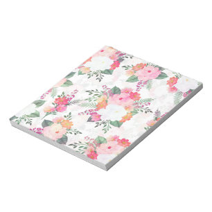 Pink Watercolor Flowers White Design Notepad