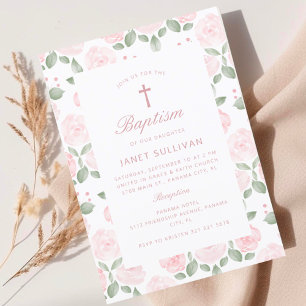Pink Watercolor Flowery Girl Baptism Invitation