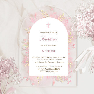 pink watercolor foliage Baptism Acrylic Invitations