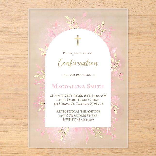 pink watercolor foliage Confirmation frosted Acrylic Invitations (Front)