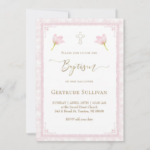 pink watercolor frame Baptism Invitation