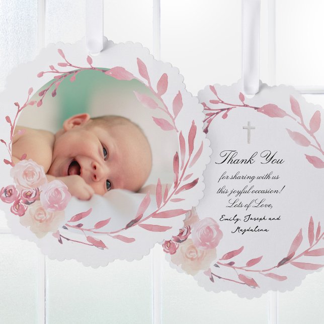 pink watercolor frame Baptism thank you  Tree Decoration Card (Creator Uploaded)