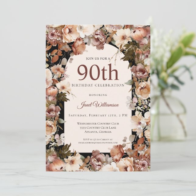 Pink Watercolor Garden Floral Arch 90th Birthday Invitation (Standing Front)