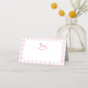 Pink Watercolor Gingham & Rocking Horse Blank Place Card
