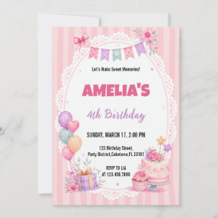 Pink Watercolor Girl Floral Cake Birthday Invitation