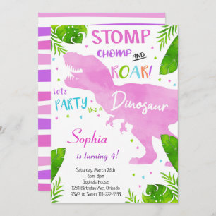 Pink Watercolor Girls Dinosaur Birthday Invitation